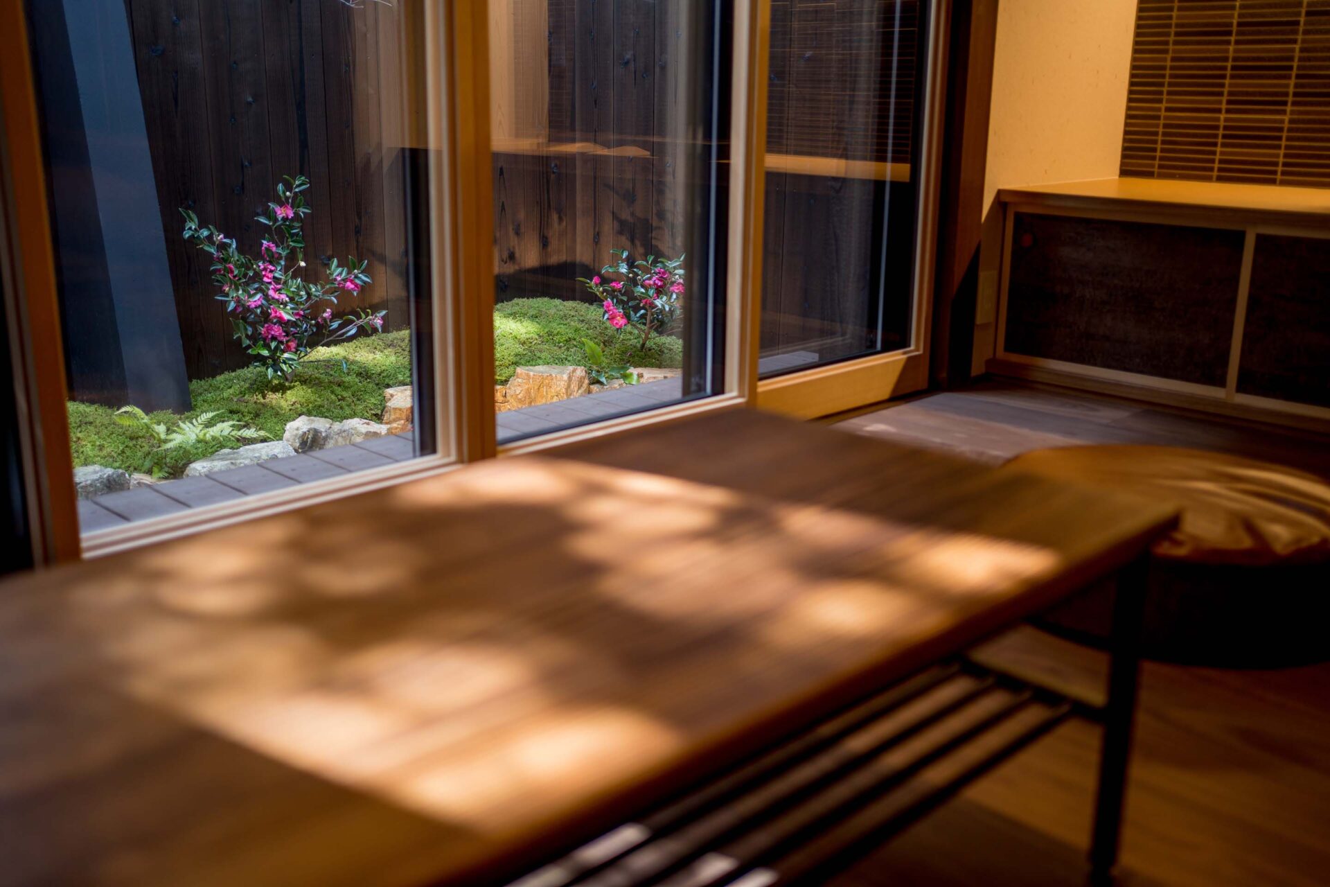 Living room window overlooking the Japanese garden